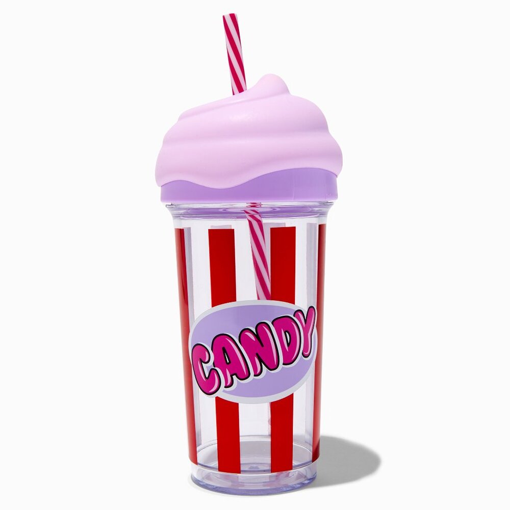 Claire's Pink Candy Striped Cold Drink BPA Free Tumbler
